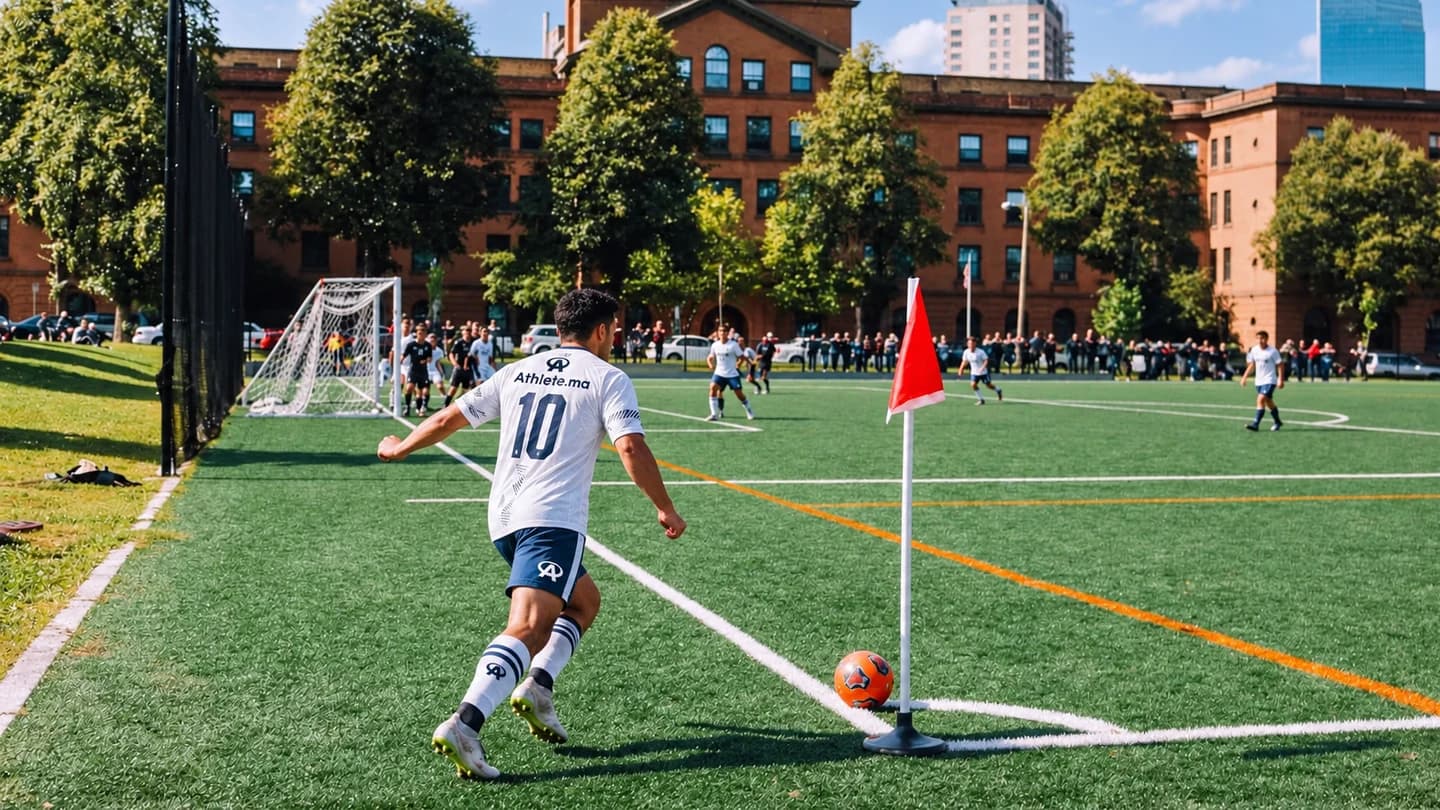 Joueur Athlete tirant un corner sur un terrain de football urbain