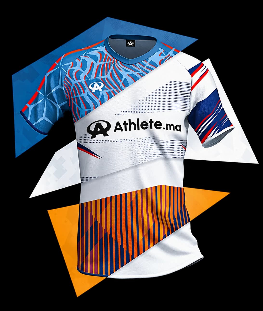 Maillot Athlete.ma créé sur mesure, découpé en bandes diagonales bleue, blanche et orange