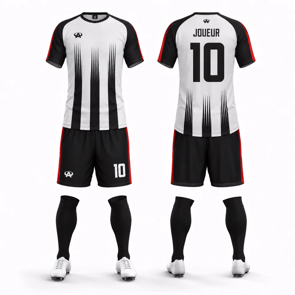 Maquette réaliste de tenue de football Athlete blanche, noire et rouge, de face et de dos