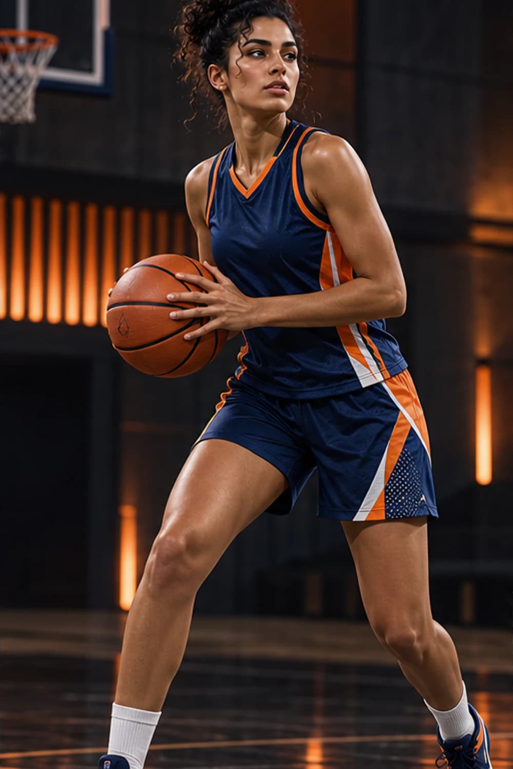 Basketteuse en tenue Athlete personnalisée sur le parquet