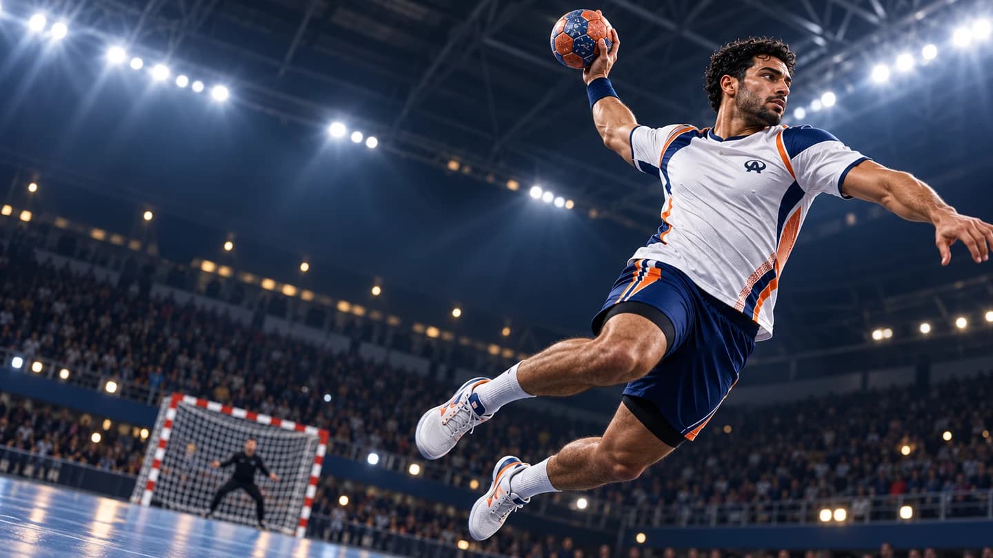 Joueur Athlete en suspension pour un tir de handball dans une salle pleine