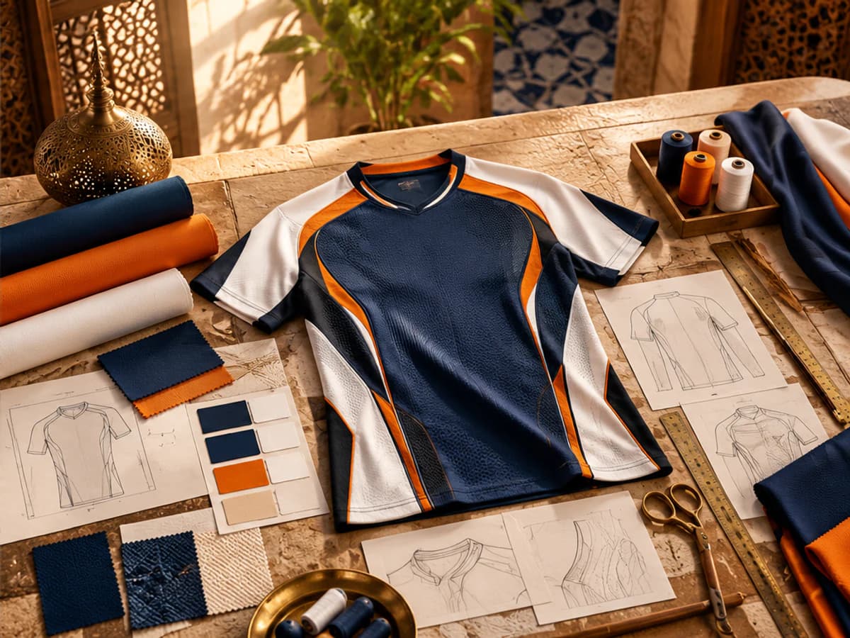 Maillot Athlete.ma marine et orange posé sur la table de l'atelier, entouré de croquis, d'échantillons de tissu et de nuanciers