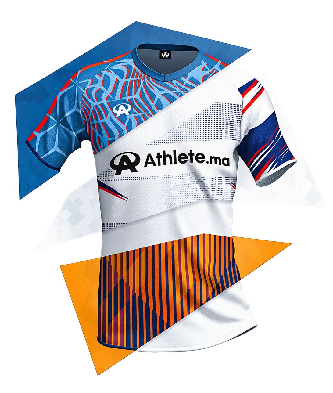 Maillot Athlete.ma divisé en trois bandes diagonales bleue, blanche et orange
